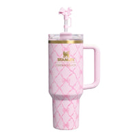 Elegant Termosmugg med Handtag – Temperaturbevarande 1,2L Tumbler med Sugrör - Rosa Rosetter