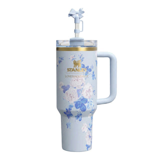 Elegant Termosmugg med Handtag – Temperaturbevarande 1,2L Tumbler med Sugrör - Blå med Rosor