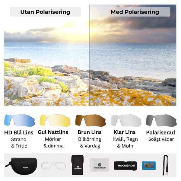 Cykelglasögon med 5 linser – Polariserade sportglasögon med UV400, stöttåliga linser & styrkestöd