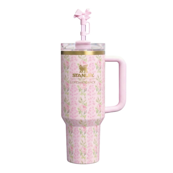 Elegant Termosmugg med Handtag – Temperaturbevarande 1,2L Tumbler med Sugrör - Rosa Rosbuske